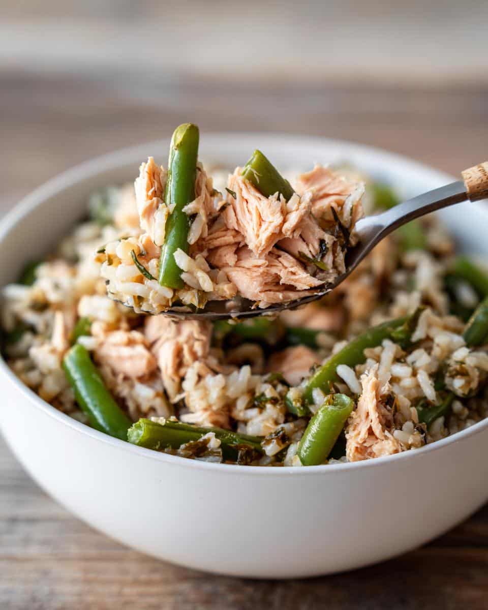 Bowl of Easy Salmon & Green Bean Dog Food. Spoonful of salmon, green beans, and rice.