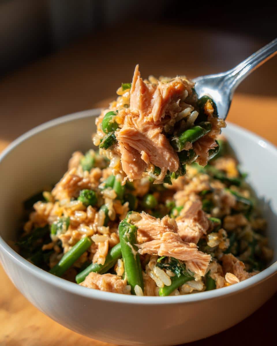 Bowl of Easy Salmon & Green Bean Dog Food with rice and peas, served in a white bowl.