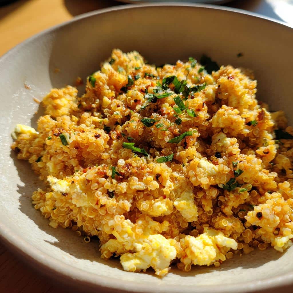 A bowl of Egg & Quinoa Energy Dog Recipe, topped with fresh herbs, ready to serve.