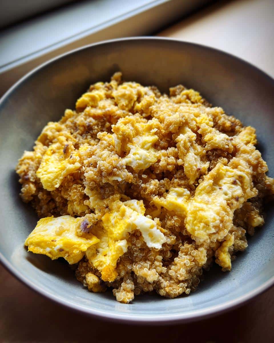 Bowl of Egg & Quinoa Energy Dog Recipe. Scrambled eggs and quinoa mixed together, ready to serve.