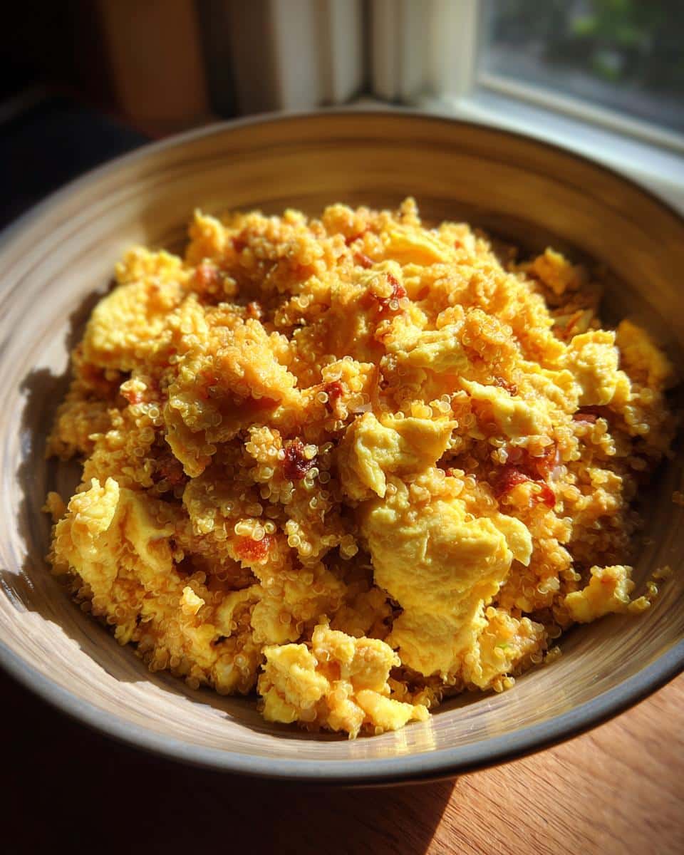 A bowl of Egg & Quinoa Energy Dog Recipe, showing the mixture of scrambled eggs and quinoa.