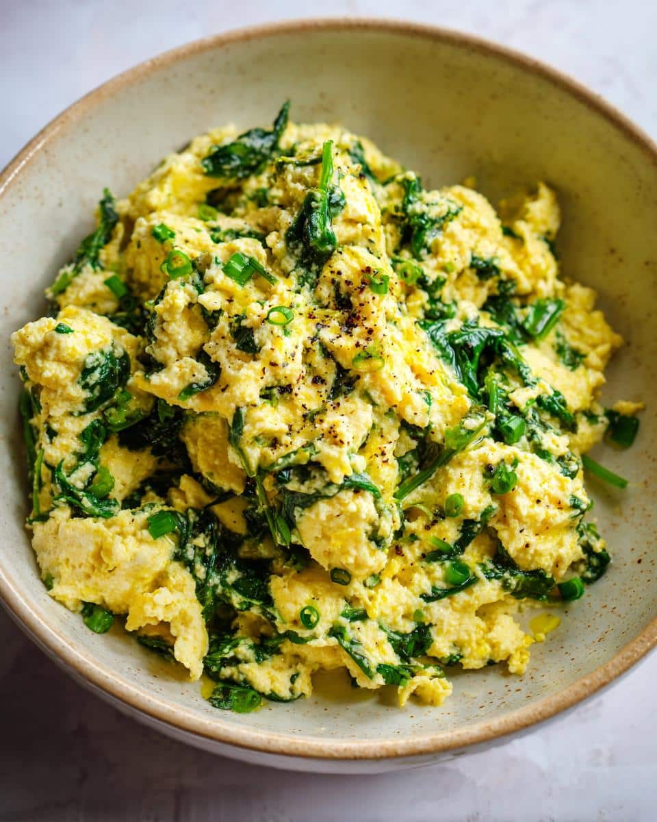 A bowl of Best Egg & Spinach Dog Food Bowl, featuring scrambled eggs, spinach, and green onions.