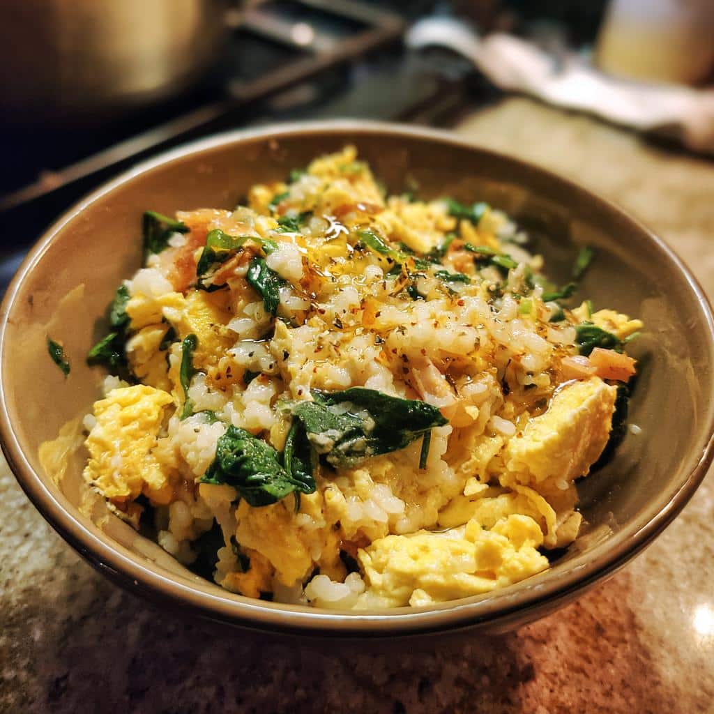 A close-up of a bowl featuring the best egg & spinach dog food bowl recipe, showing rice, eggs, and spinach.