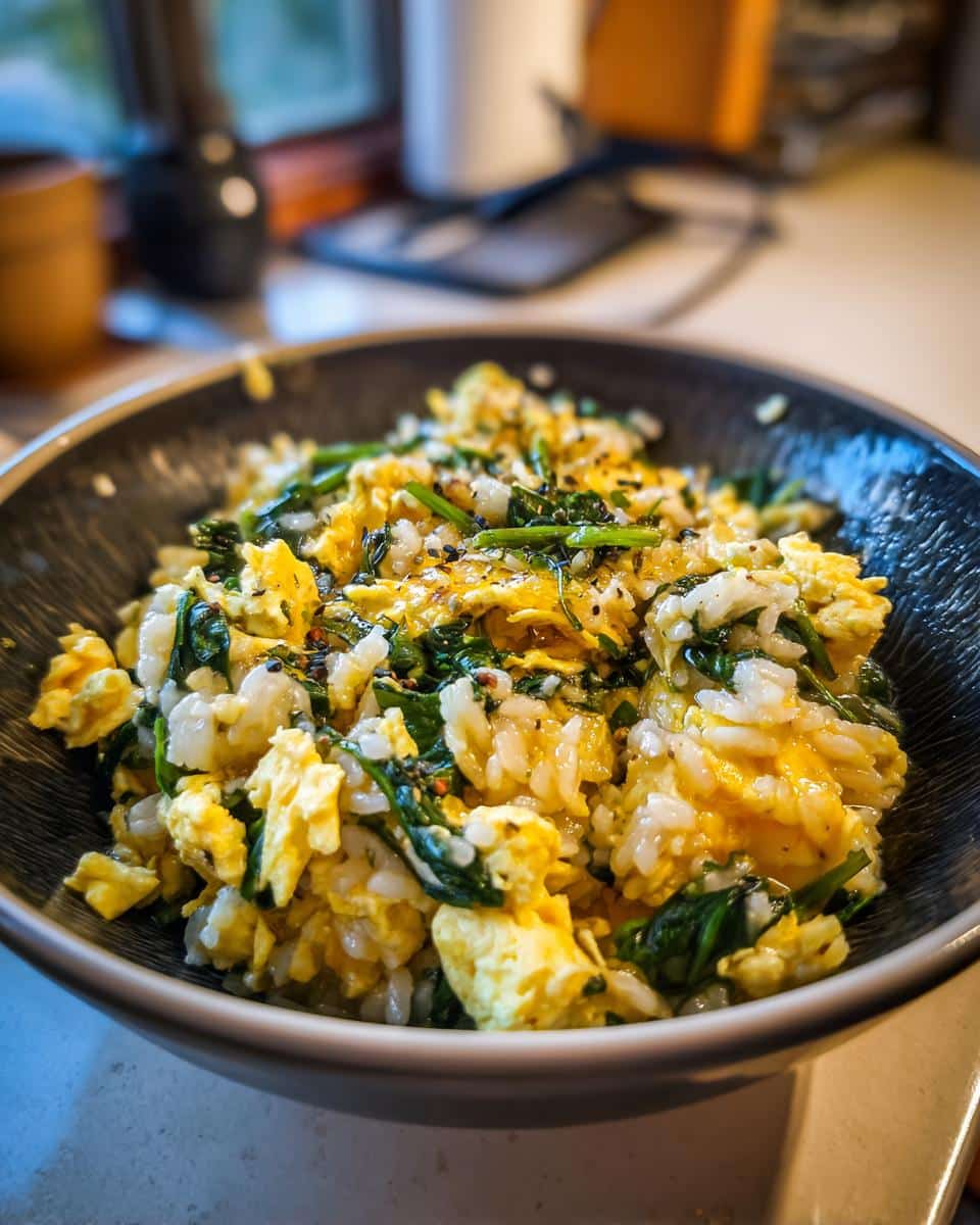 A bowl of Best Egg & Spinach Dog Food Bowl, featuring rice, scrambled eggs, and spinach.