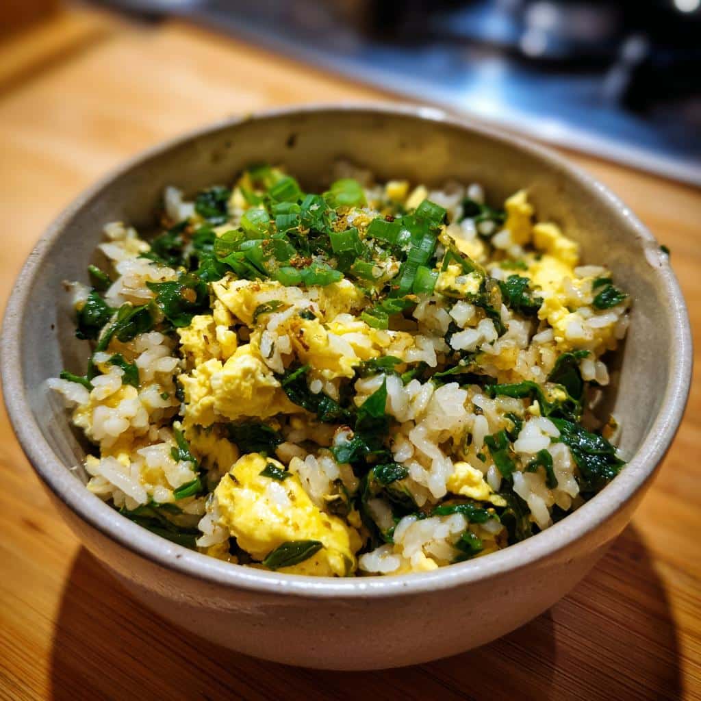 A bowl of homemade Best Egg & Spinach Dog Food Bowl, featuring rice, scrambled eggs, and spinach.