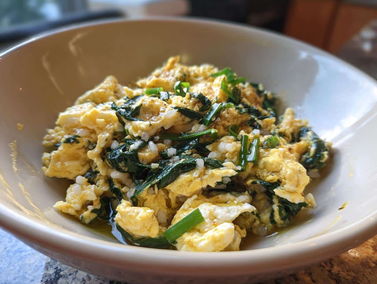 A bowl of healthy Egg & Spinach Dog Food Bowl, featuring scrambled eggs, spinach, and rice, topped with green onions.