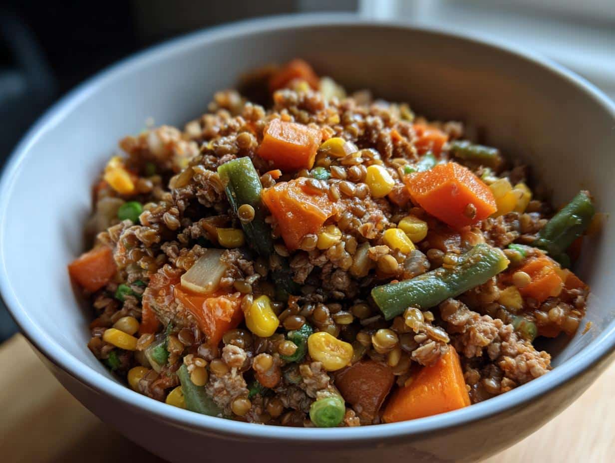 A bowl of Energy-Boosting Turkey & Lentil Dog Meal, featuring turkey, lentils, carrots, corn, and green beans.
