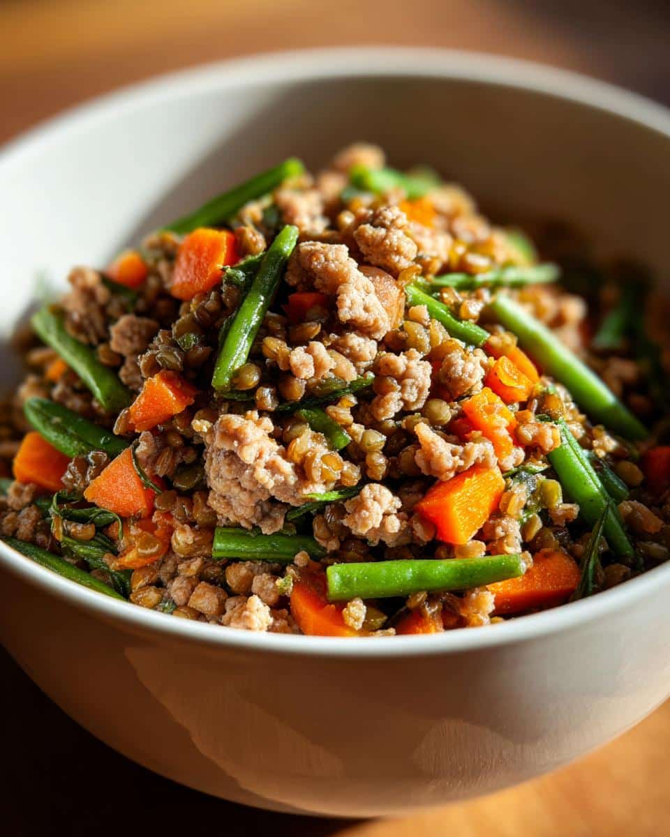 A bowl of Energy-Boosting Turkey & Lentil Dog Meal with turkey, lentils, carrots, and green beans.