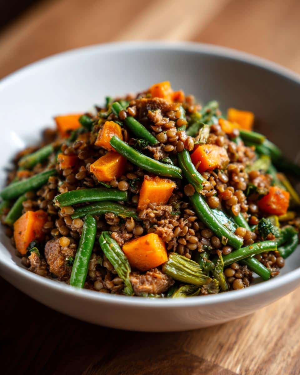 Bowl of Energy-Boosting Turkey & Lentil Dog Meal with green beans and carrots.