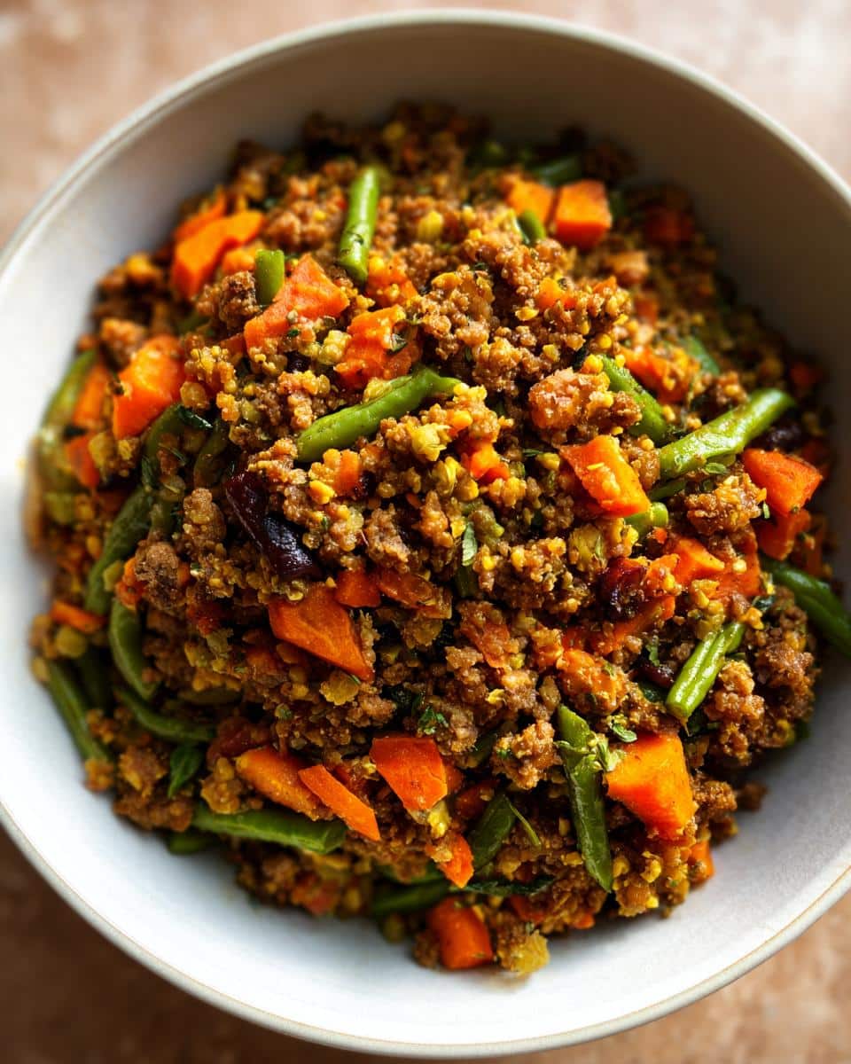 A bowl of Energy-Boosting Turkey & Lentil Dog Meal with visible turkey, lentils, carrots, and green beans.