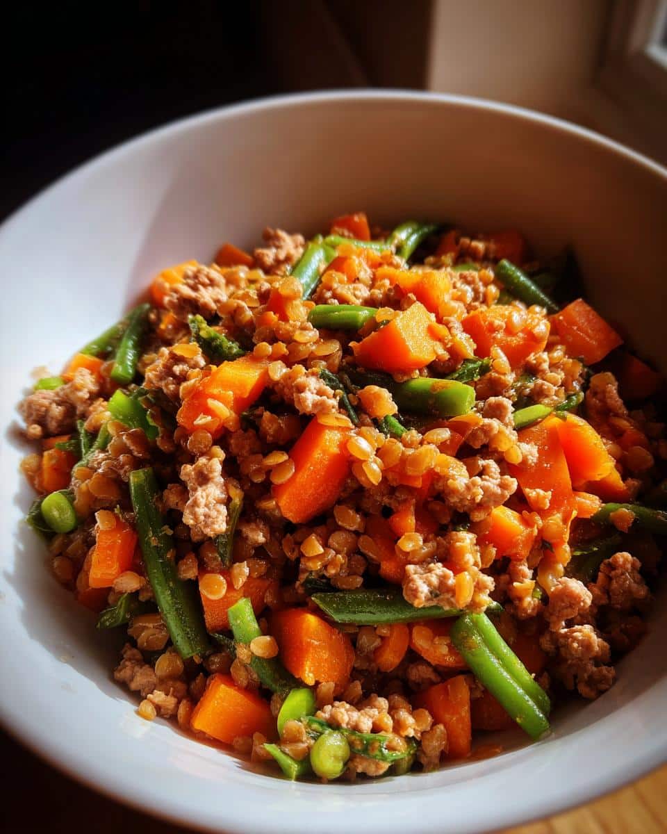 A bowl of Energy-Boosting Turkey & Lentil Dog Meal with visible turkey, lentils, carrots, and green beans.