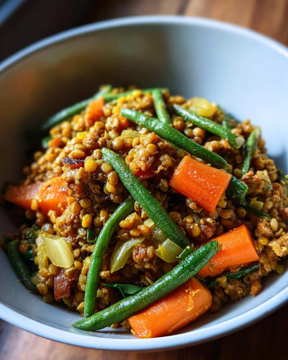 A bowl of Energy-Boosting Turkey & Lentil Dog Meal, featuring lentils, green beans, and carrots.