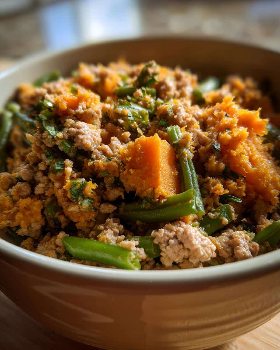 Bowl of Fresh Dog Food with Sweet Potato & Green Beans. Nutritious meal featuring ground meat, sweet potato chunks, and green beans.