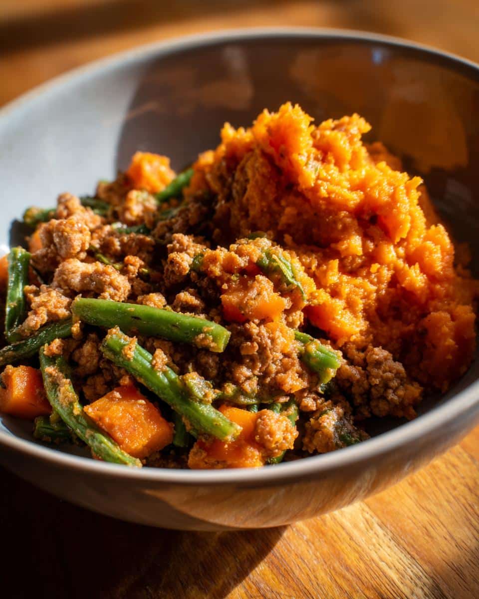 Bowl of Fresh Dog Food with Sweet Potato & Green Beans, a healthy and delicious meal.