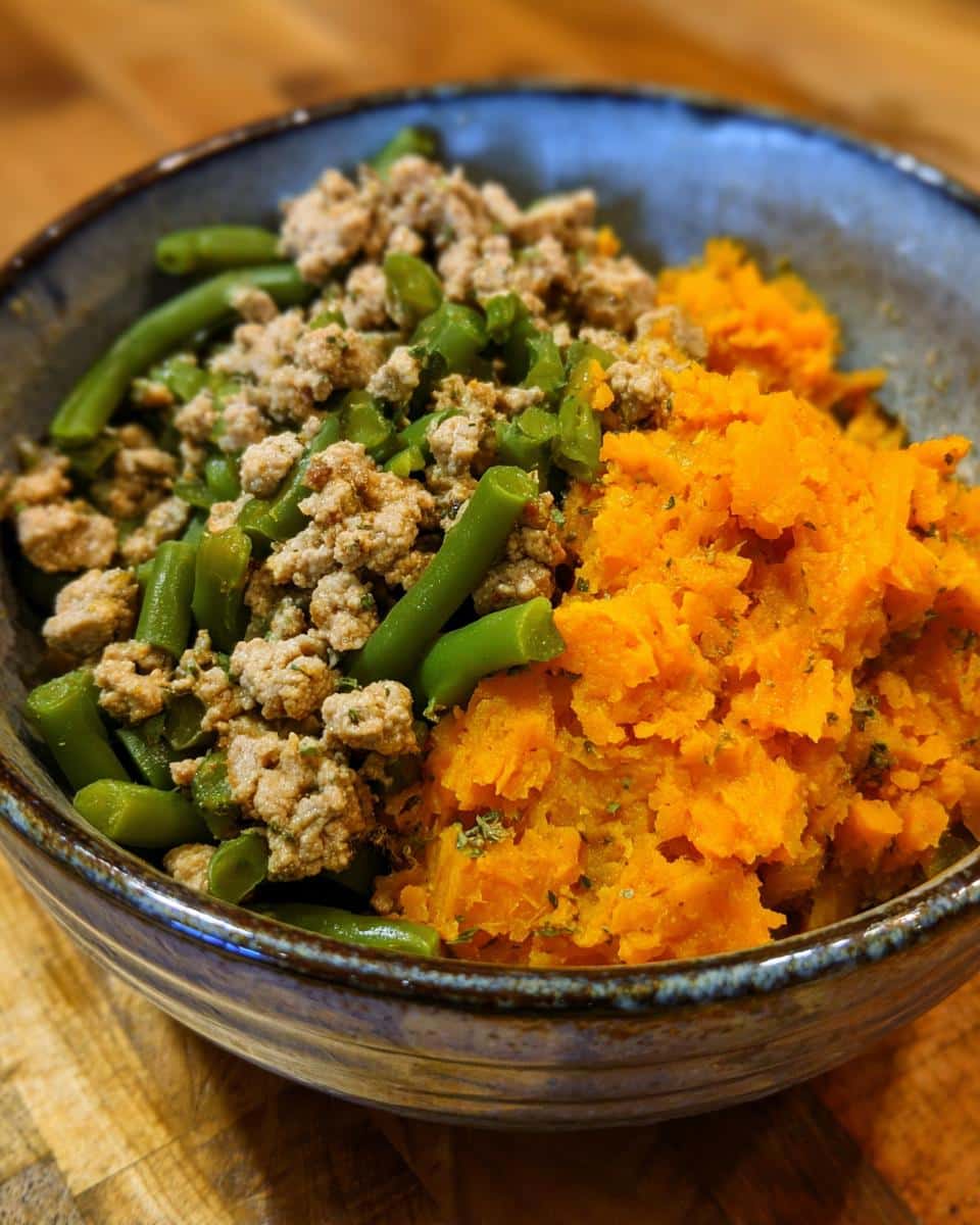 A bowl of Fresh Dog Food with Sweet Potato & Green Beans. Healthy meal for dogs.