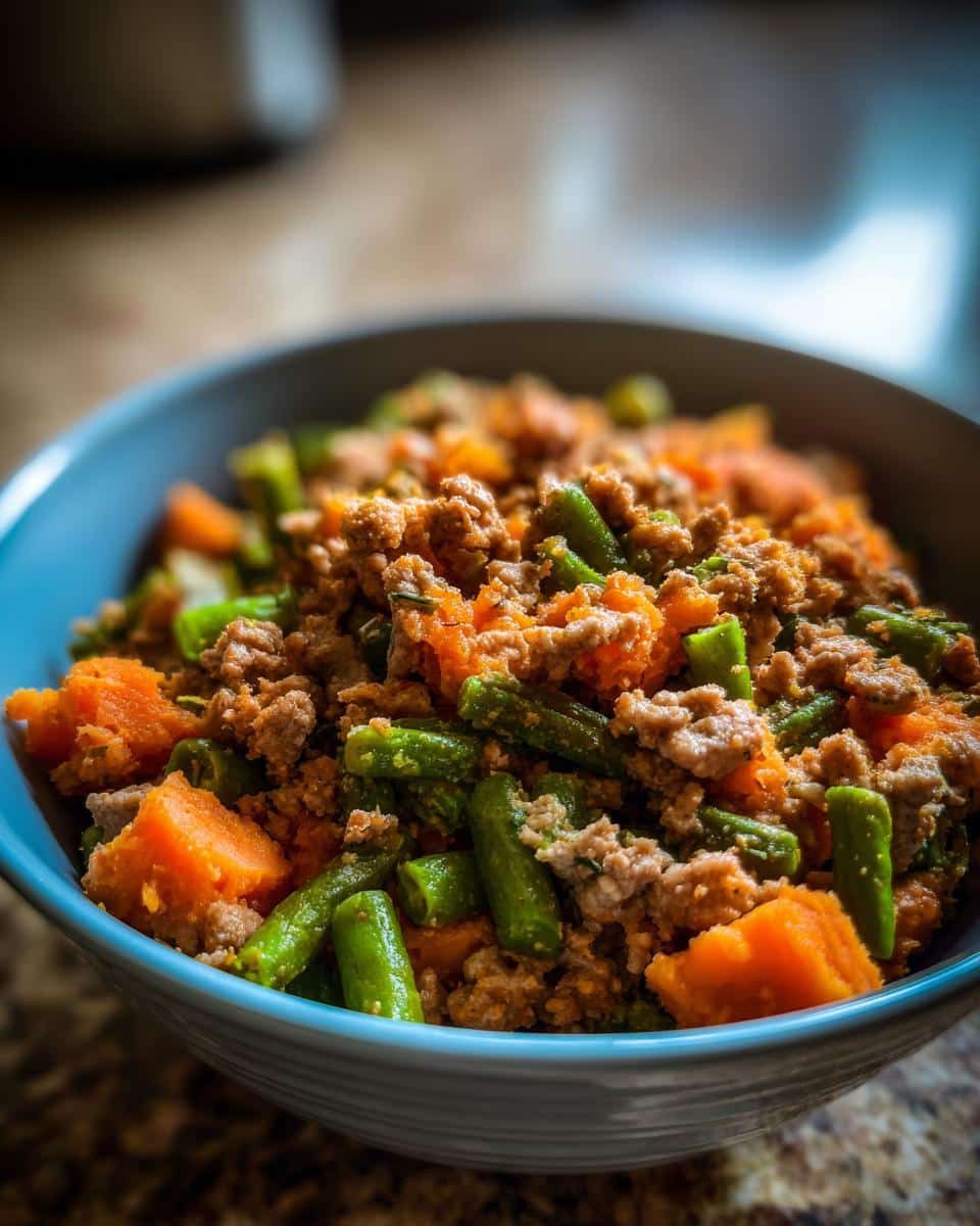 A bowl of Fresh Dog Food with Sweet Potato & Green Beans, featuring chunks of sweet potato, green beans, and meat.