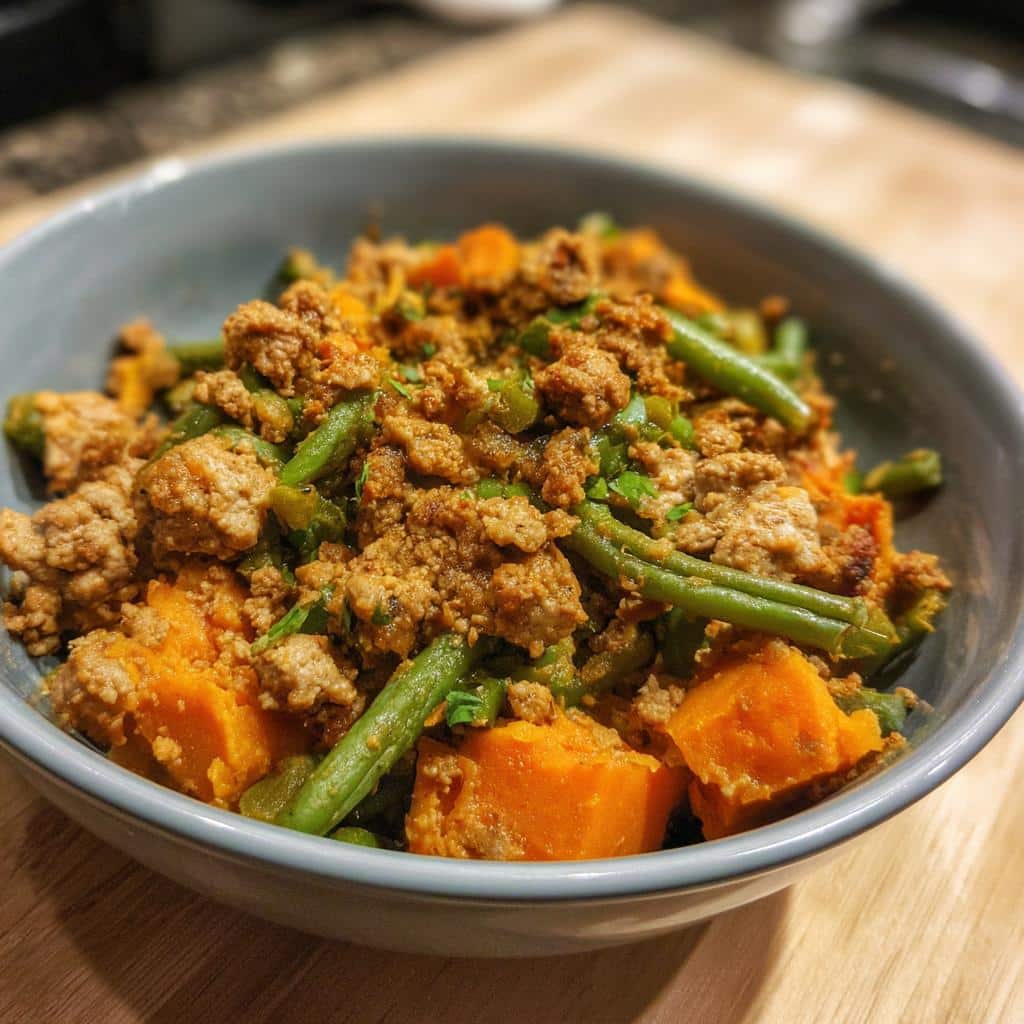A bowl of Fresh Dog Food with Sweet Potato & Green Beans, featuring ground meat, green beans, and sweet potato chunks.