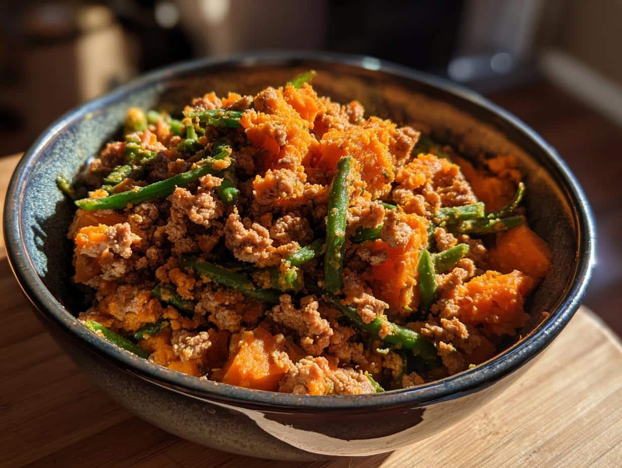 Bowl of Fresh Dog Food with Sweet Potato & Green Beans. Healthy meal for dogs.