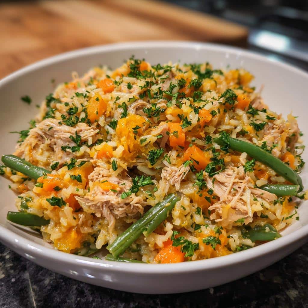 Bowl of Fresh Pumpkin & Chicken Puppy Food with rice, green beans, carrots, and parsley.