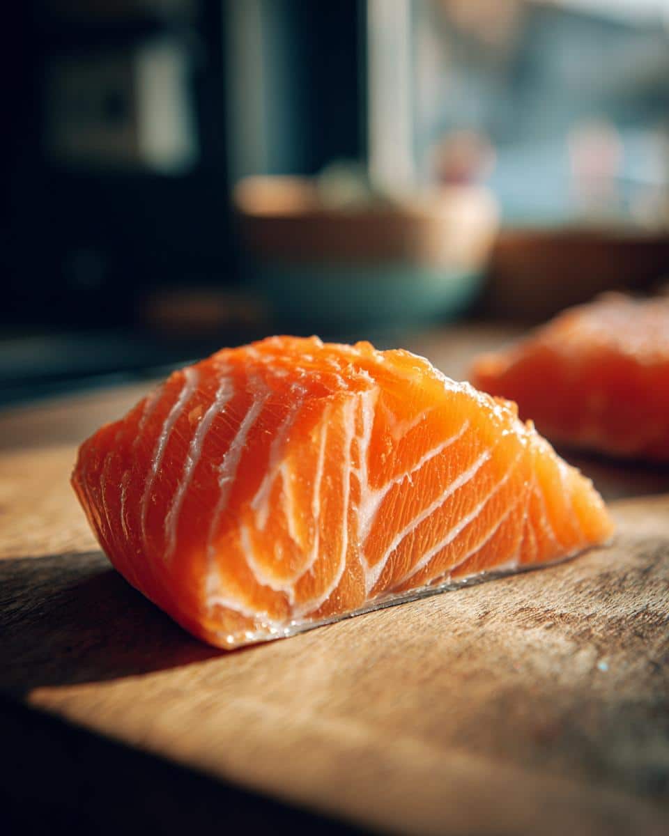 Close-up of fresh salmon fillet on a wooden board, ingredient for Fresh Salmon & Apple Dog Food Recipe.