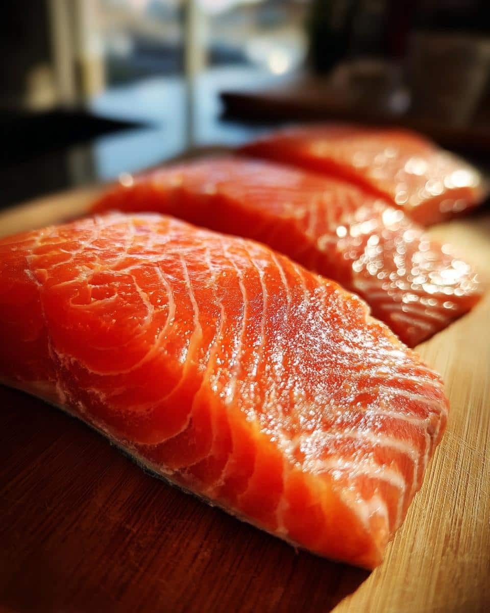 Three fresh salmon fillets on a wooden cutting board, ready for a Fresh Salmon & Apple Dog Food Recipe.