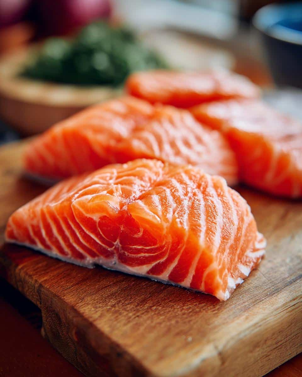 Close-up of fresh salmon fillets on a wooden cutting board, ready for a Fresh Salmon & Apple Dog Food Recipe.