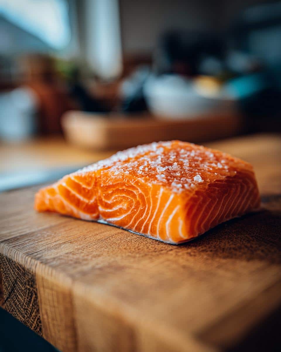 A cut of fresh salmon, sprinkled with salt, ready for the Fresh Salmon & Apple Dog Food Recipe.