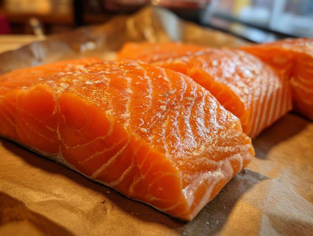 Close-up of fresh salmon fillets, an ingredient in our Fresh Salmon & Apple Dog Food Recipe.