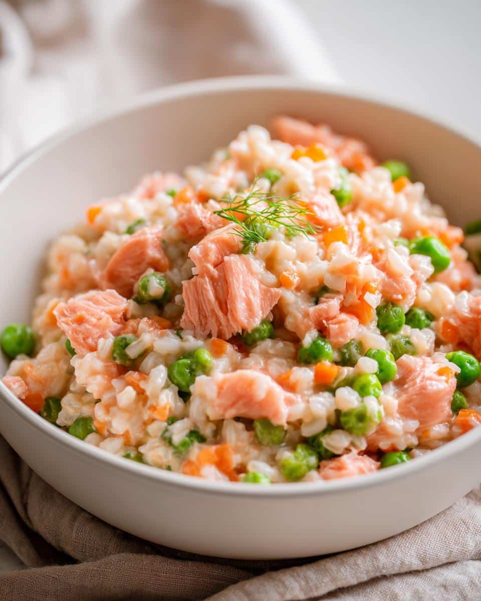 Bowl of Fresh Salmon & Green Pea Immune Dog Food, featuring salmon chunks, green peas, and rice.