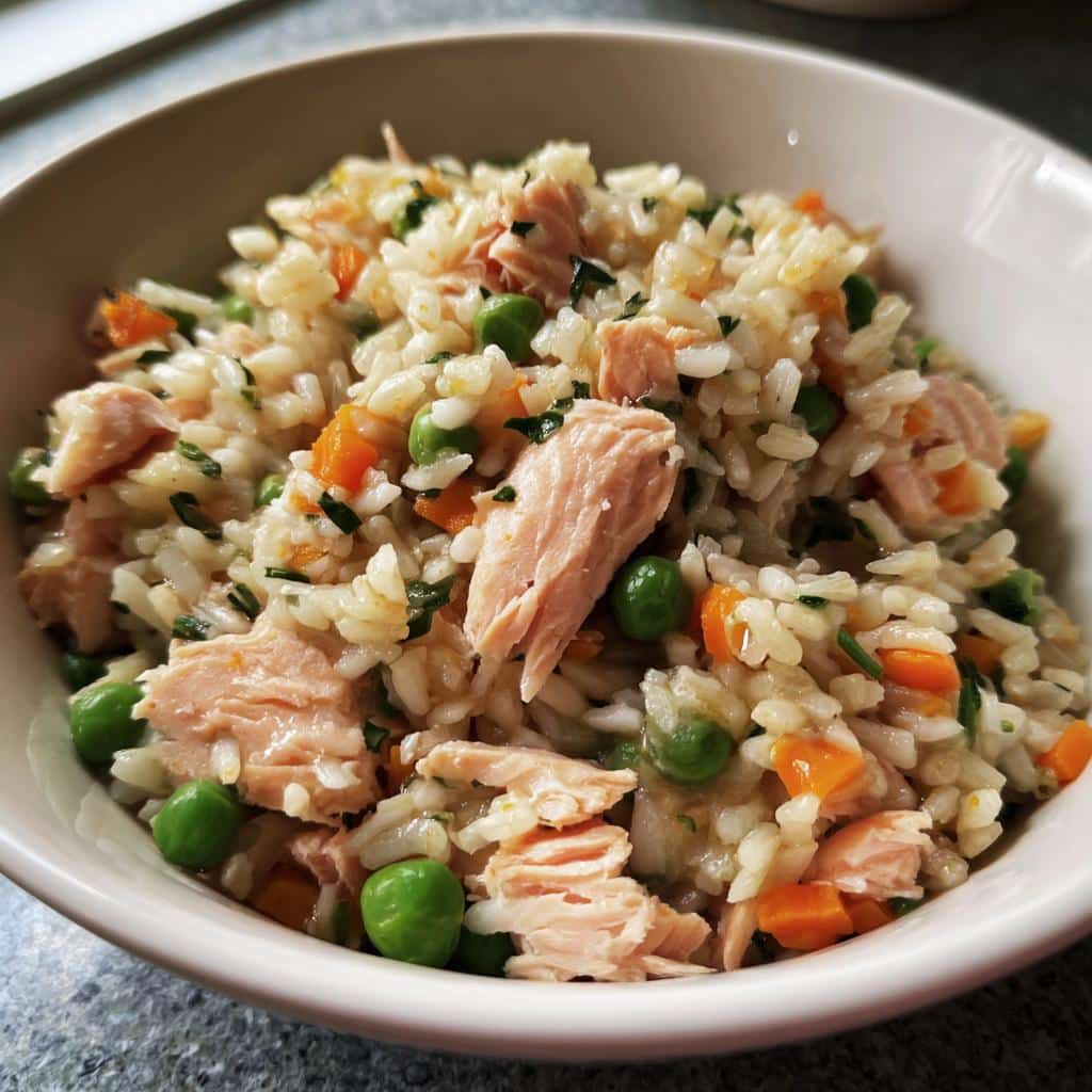 Bowl of Fresh Salmon & Green Pea Immune Dog Food, featuring salmon, peas, carrots, and rice.