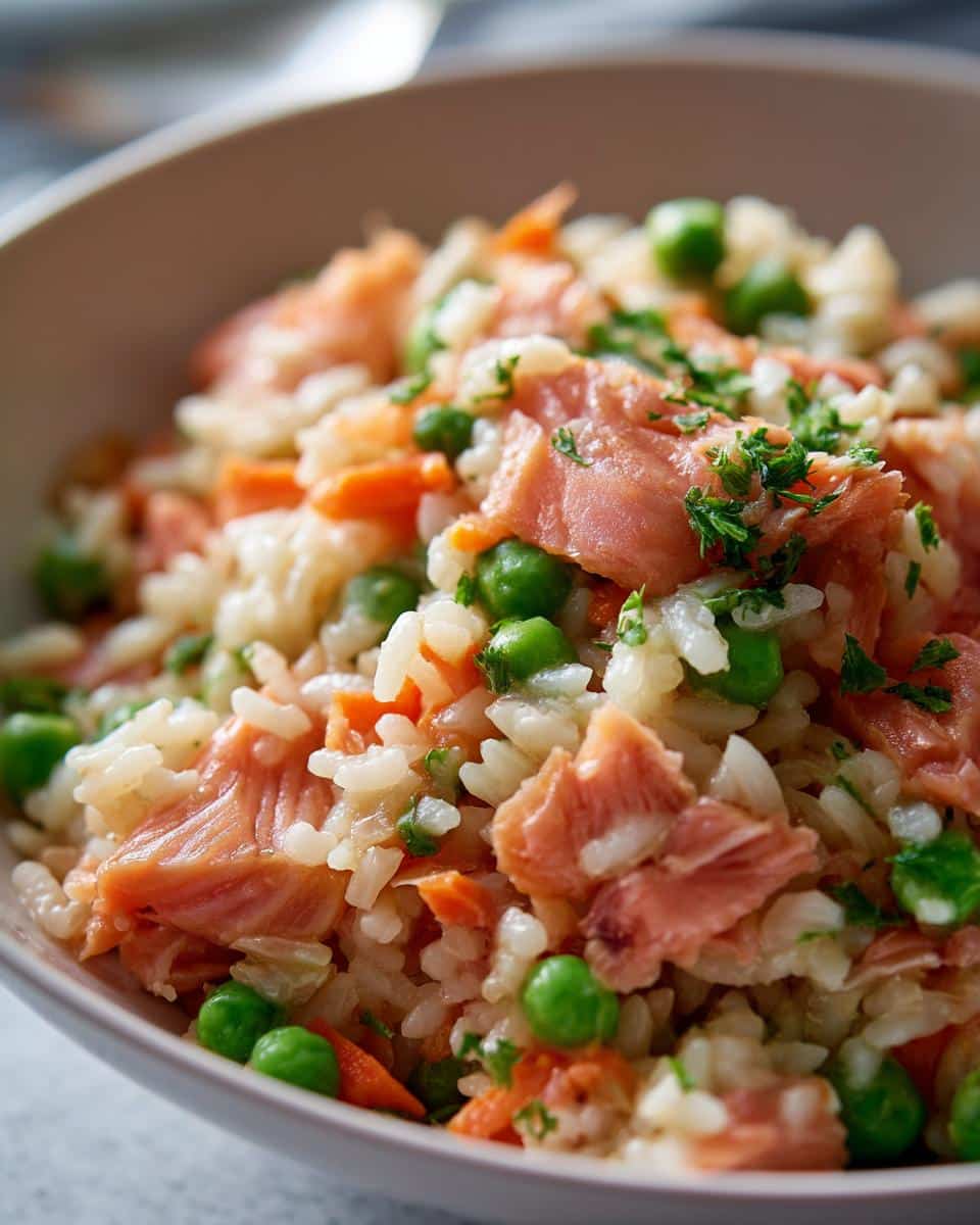 Bowl of Fresh Salmon & Green Pea Immune Dog Food, featuring rice, salmon chunks, and green peas.