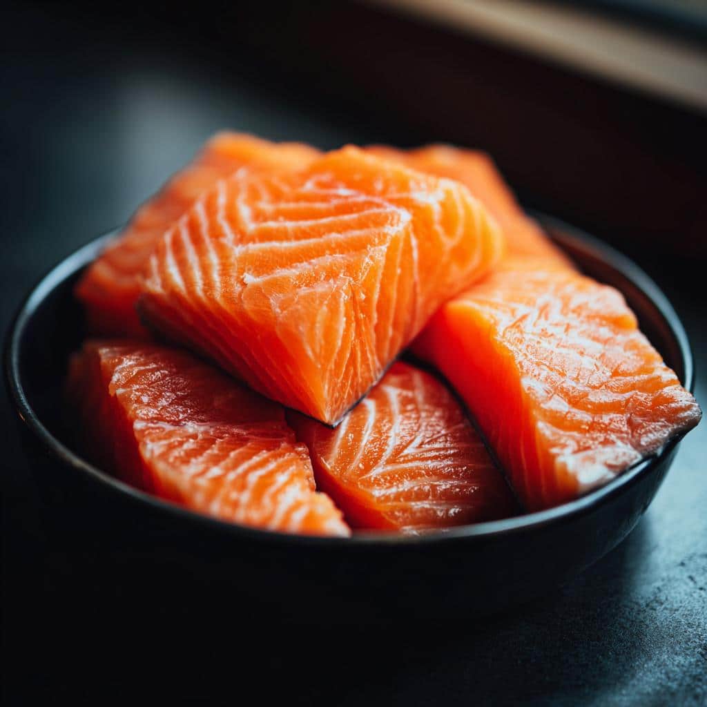 Close-up of fresh salmon pieces in a bowl, ready for a Salmon & Oat Recipe for Small Dogs.