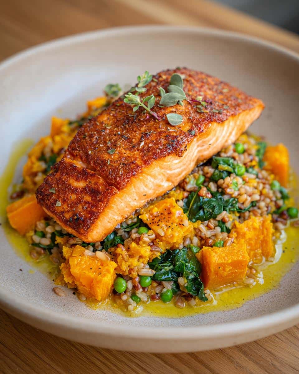A delicious plate of Fresh Salmon & Pumpkin Dog Food Recipe, featuring salmon, pumpkin, greens, and grains.