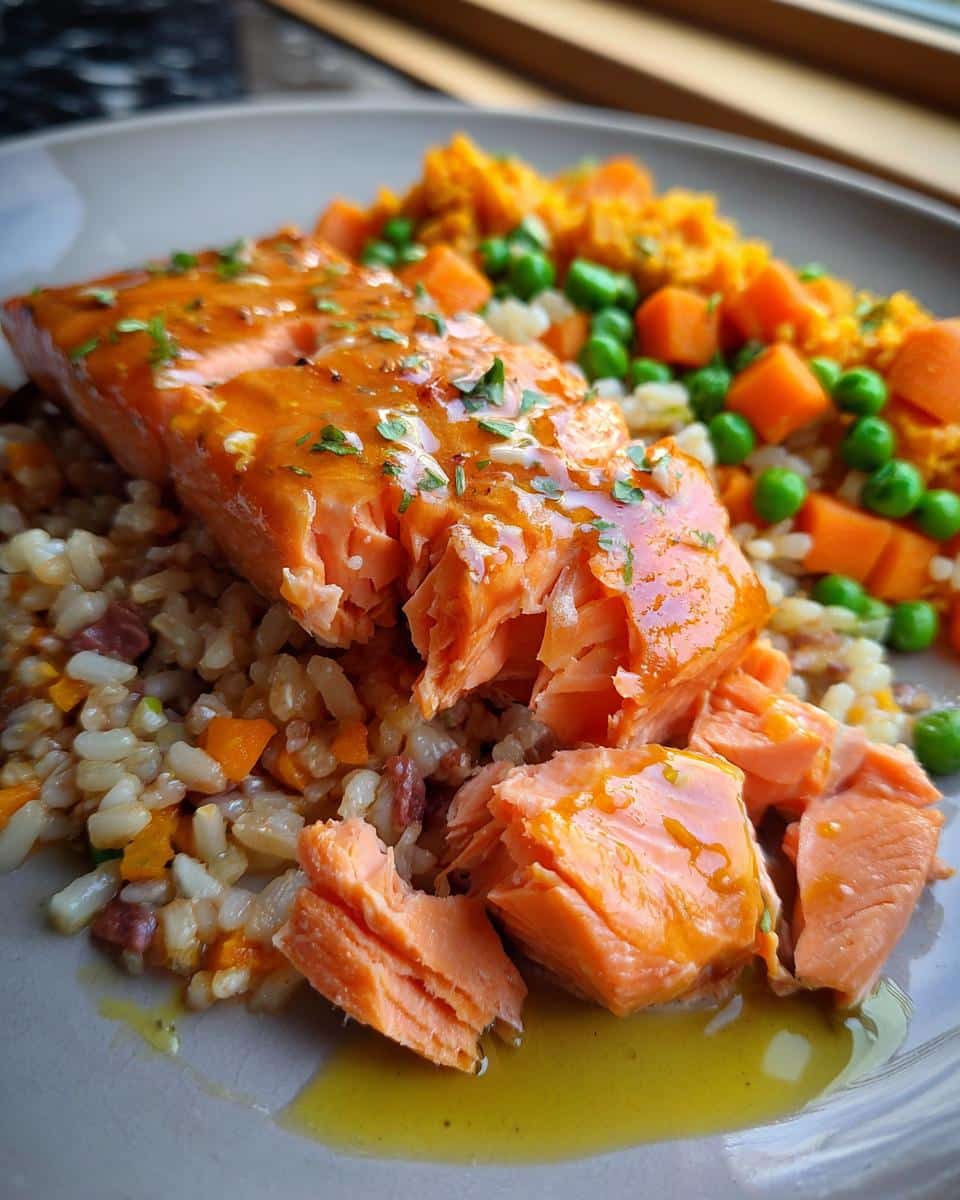 A plate of Fresh Salmon & Pumpkin Dog Food Recipe, featuring salmon, pumpkin, peas, and rice.