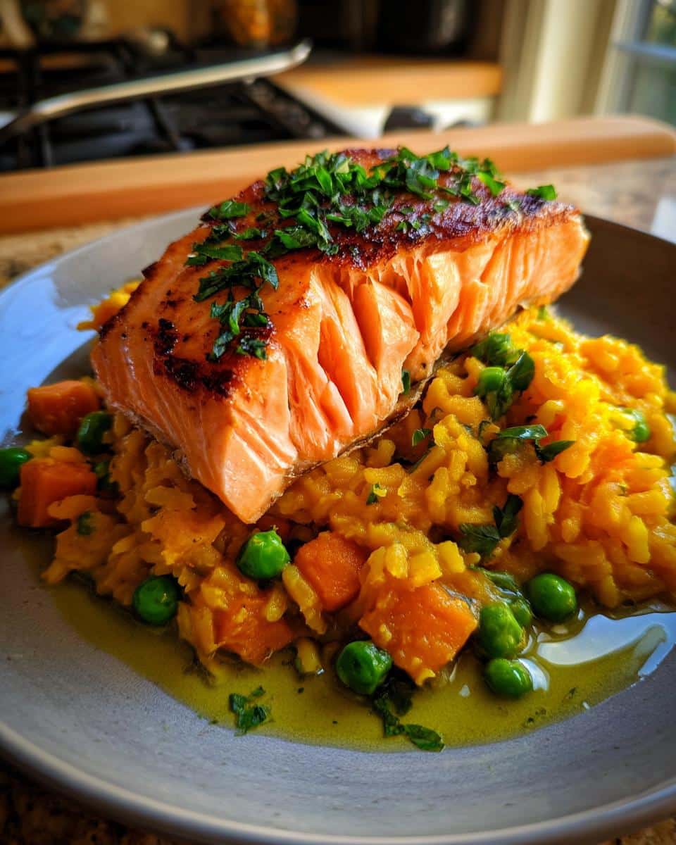 A plate of Fresh Salmon & Pumpkin Dog Food Recipe, featuring salmon, pumpkin, peas, and rice.