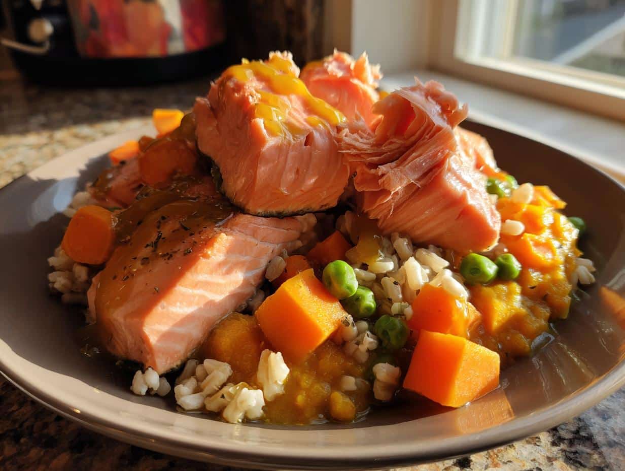 A plate of Fresh Salmon & Pumpkin Dog Food Recipe with salmon, pumpkin, peas, rice, and carrots.