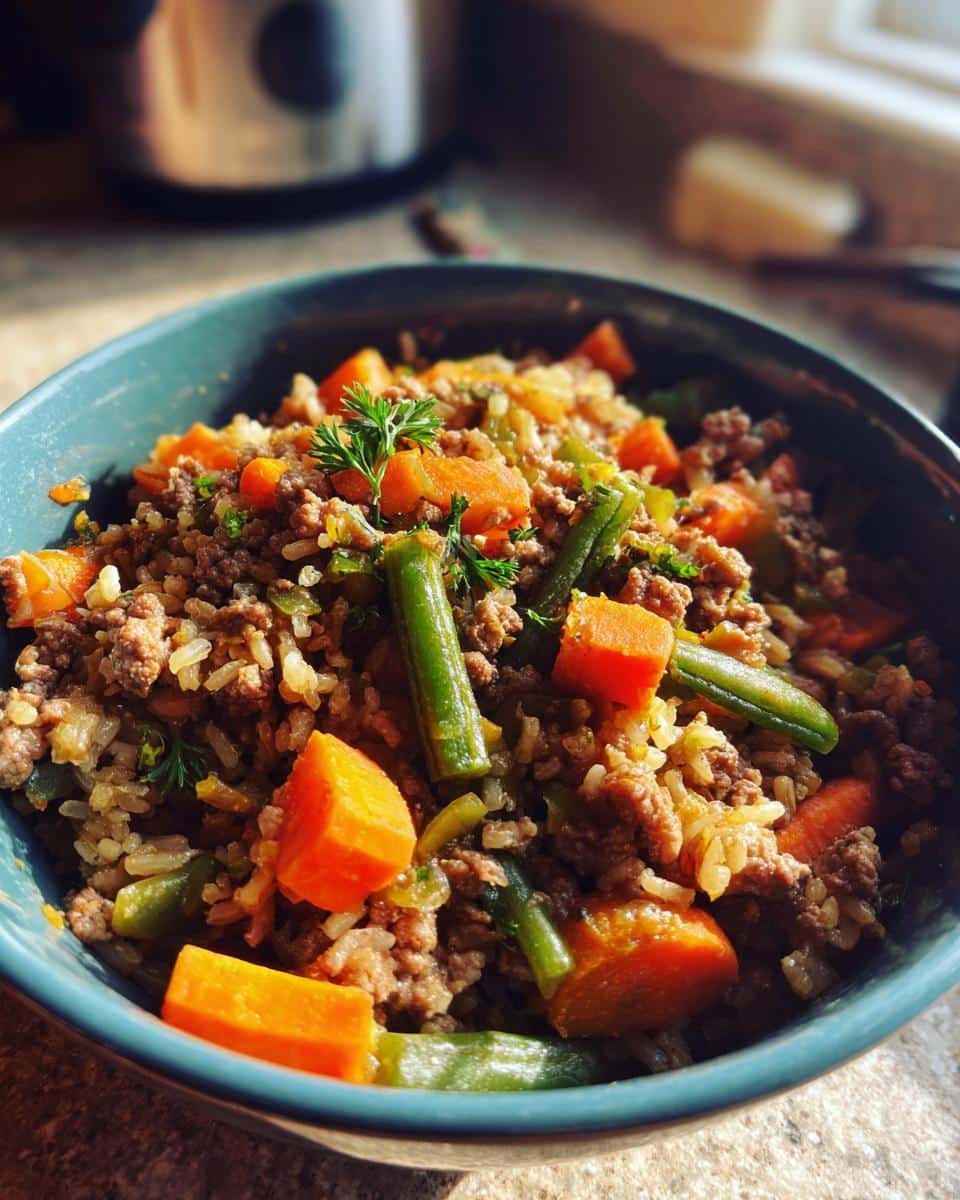 A nutritious Fresh Veggie & Beef Dog Bowl featuring ground beef, rice, carrots, and green beans, served in a blue bowl.