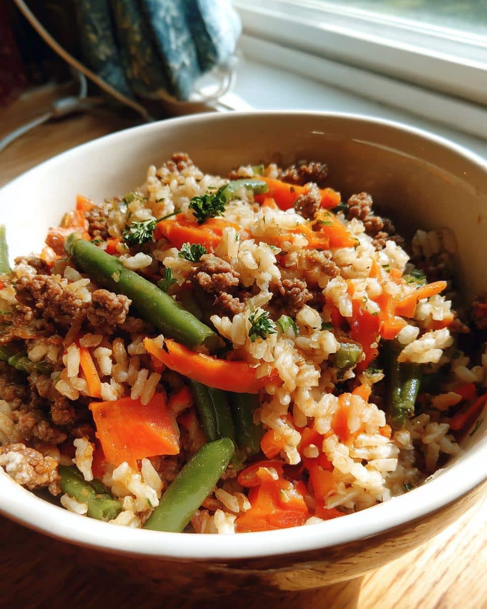 A bowl of Fresh Veggie & Beef Dog Bowl recipe, featuring rice, ground beef, carrots, and green beans.