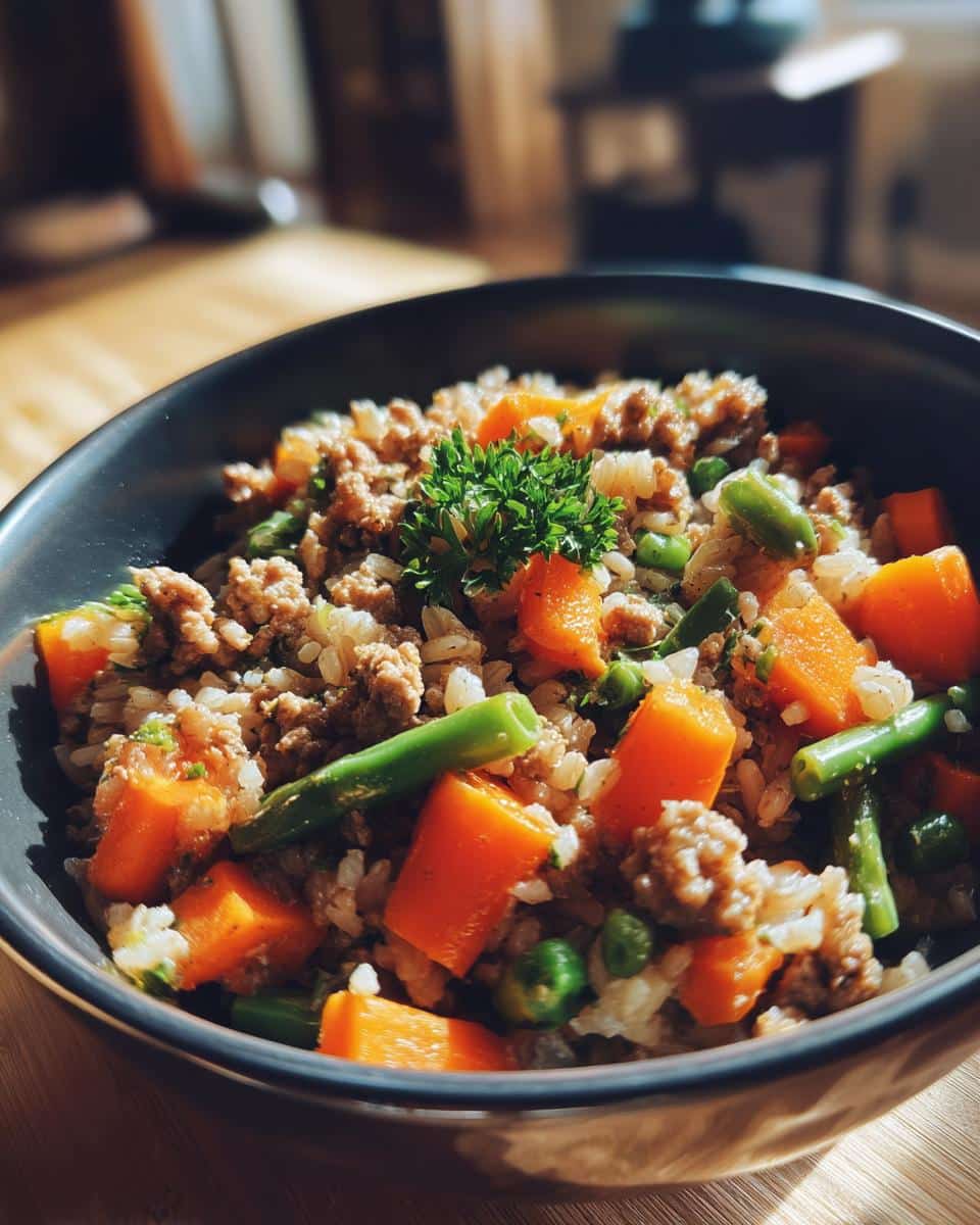 A nutritious Fresh Veggie & Beef Dog Bowl, featuring beef, carrots, green beans, and rice, garnished with parsley.