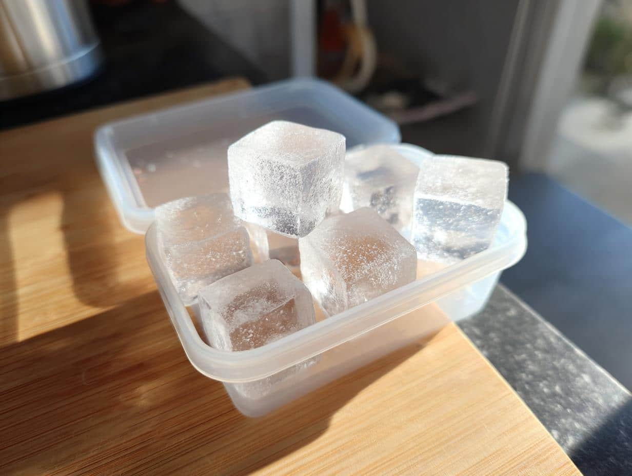 Frozen cubes of Vet-Approved Chicken Liver Protein Boost in a plastic container on a wooden surface.