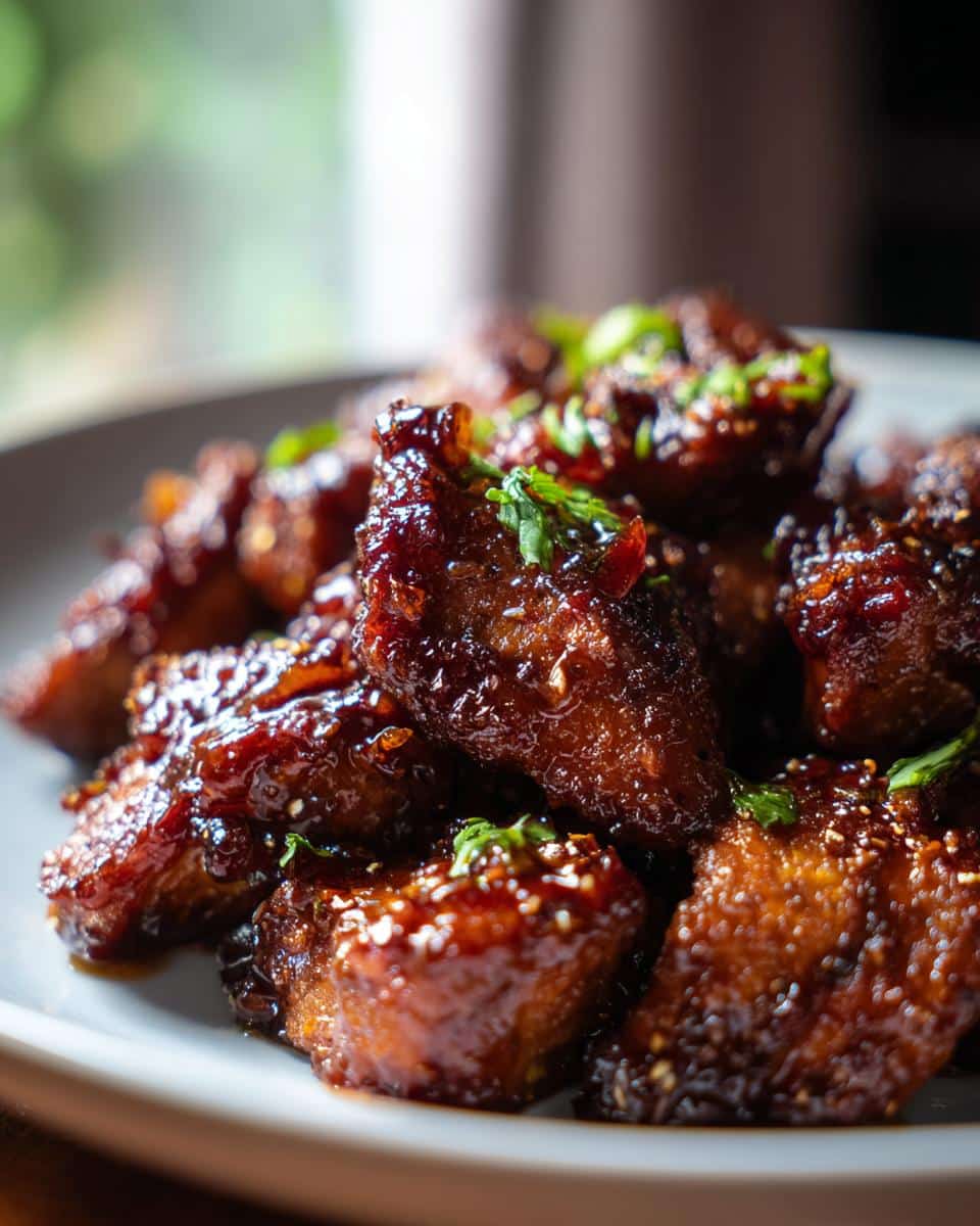 Close-up of glazed chicken bites, part of an Easy One-Pot Chicken & Veggie Dog Dinner.