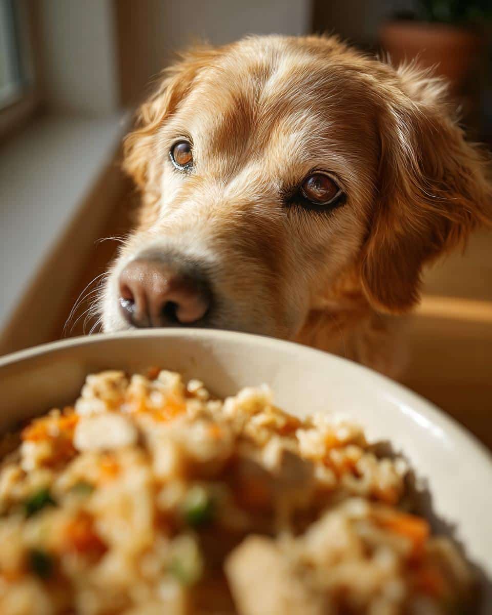 Golden Retriever dog longingly looking at a bowl of Best Chicken & Rice Classic Dog Food.