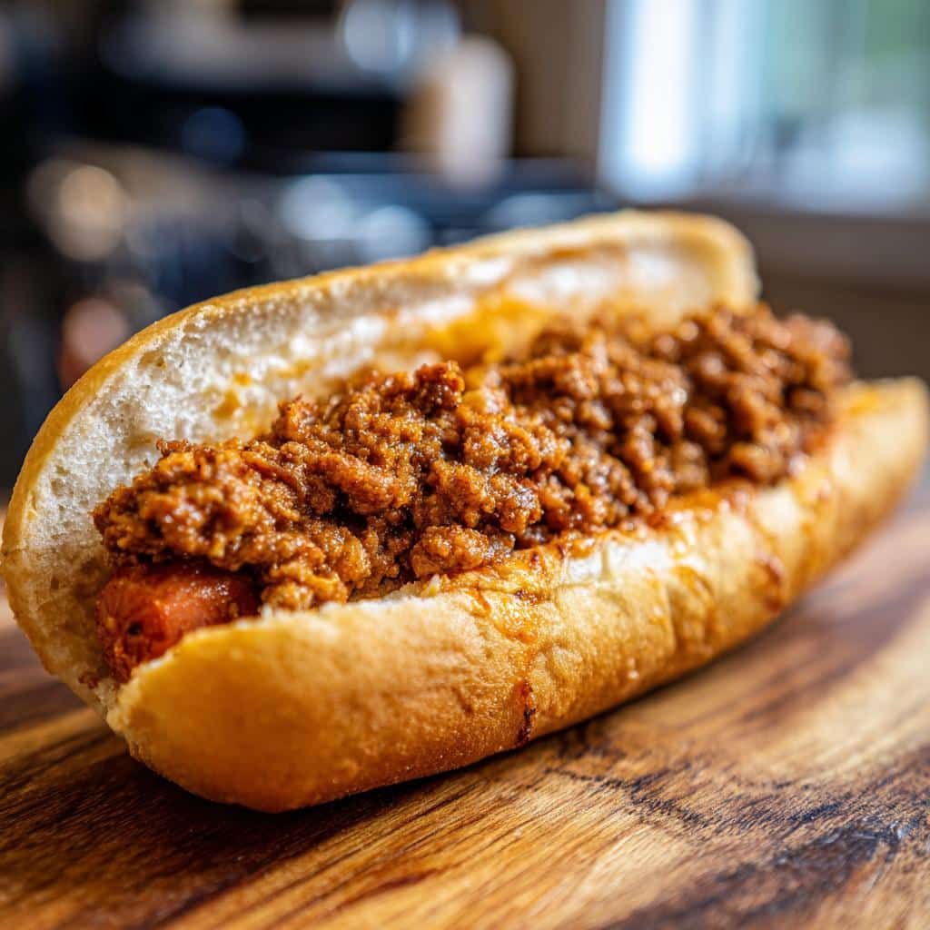A Super Simple Ground Turkey Dog Recipe treat, featuring a hotdog topped with ground turkey in a bun.