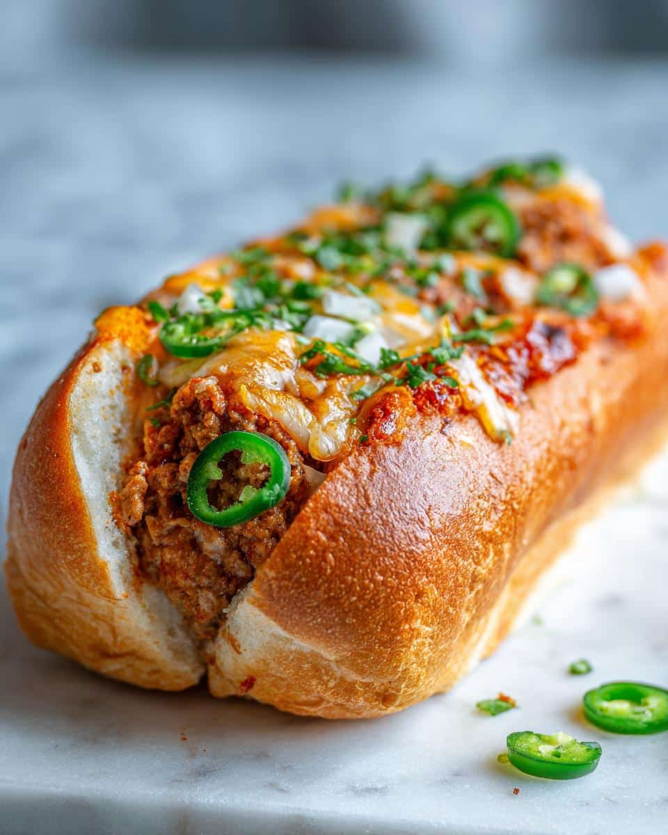 Ground Turkey Dog Recipe: A hot dog bun filled with ground turkey, cheese, onions, and jalapenos.
