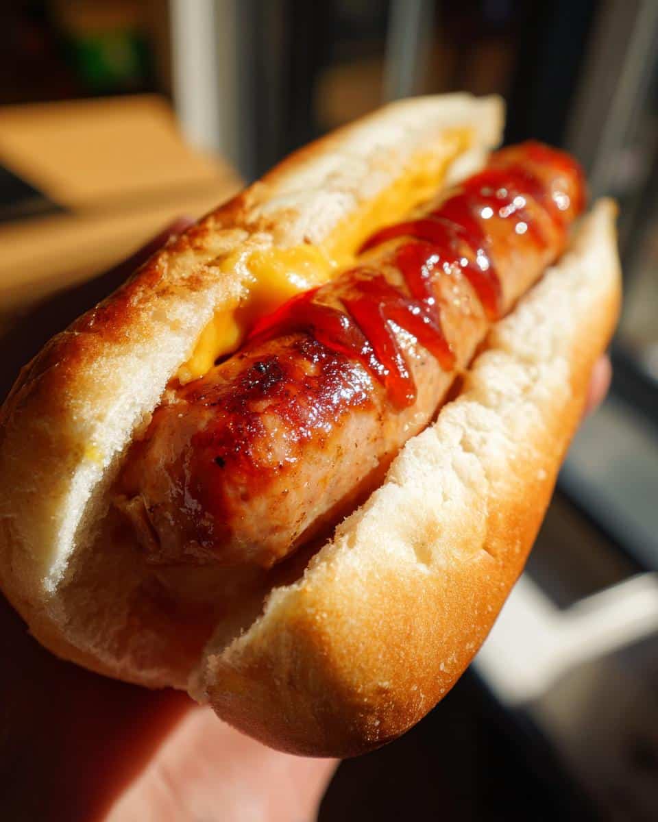 A Super Simple Ground Turkey Dog Recipe treat with ketchup and cheese in a bun, held in a hand.