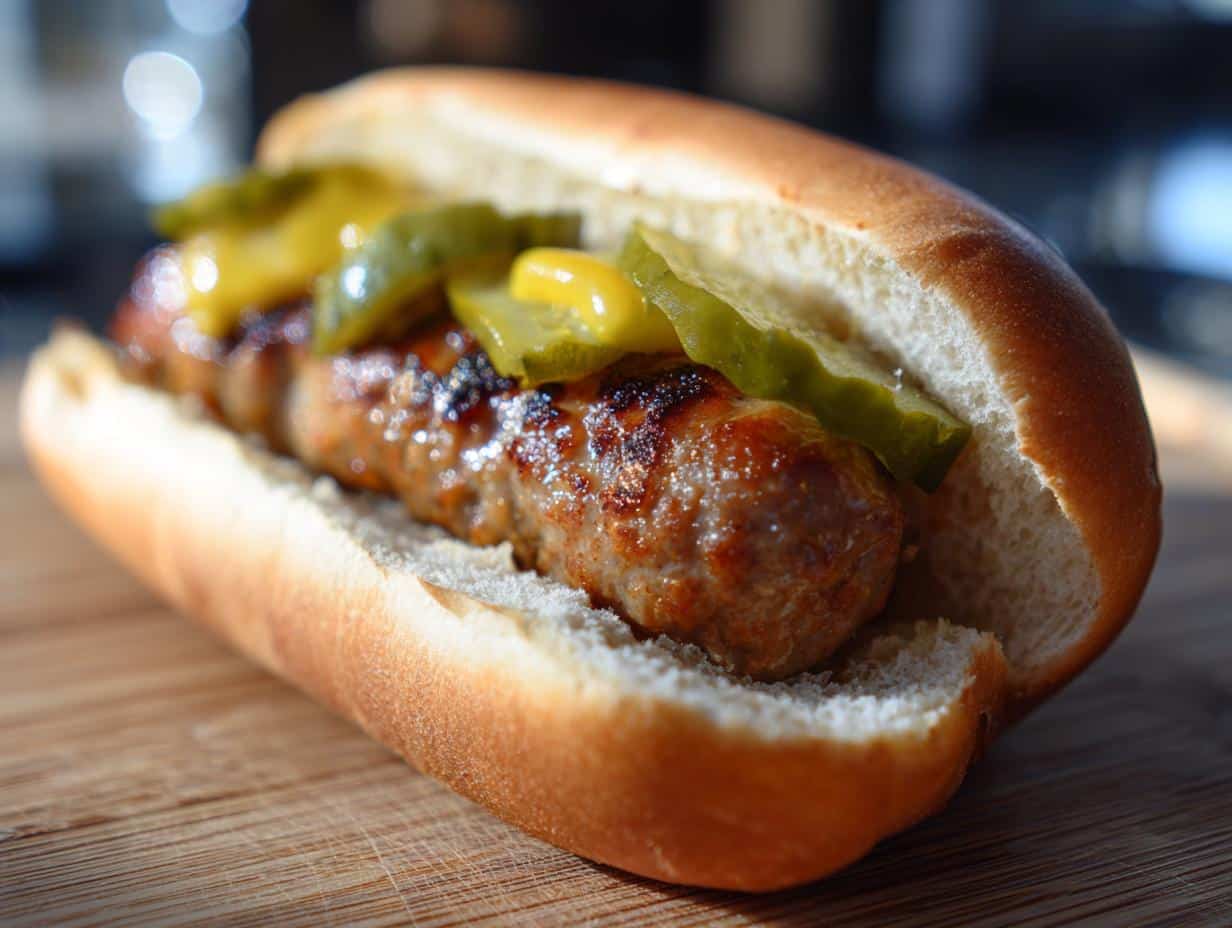 A ground turkey dog recipe treat in a bun, topped with mustard and pickle slices.