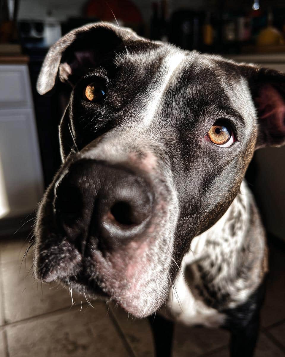 Close-up of a dog, likely benefiting from a High-Energy Beef & Oats Dog Recipe, looking up at the camera.