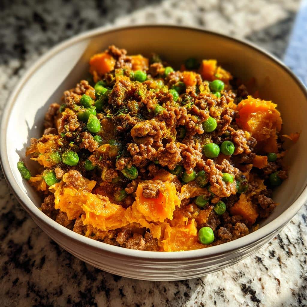 A bowl of high-calorie beef & sweet potato dog recipe with peas, ready to serve.