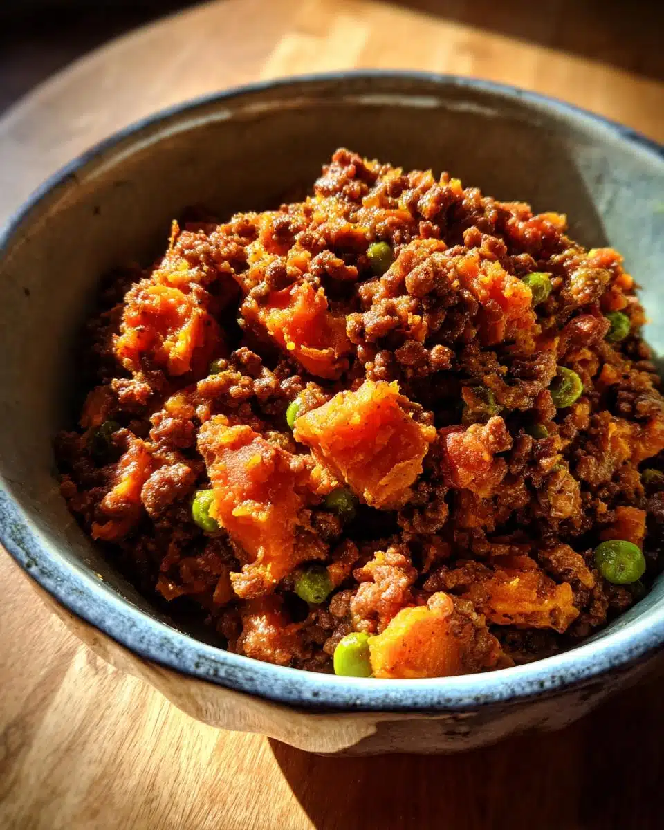 A bowl of High-Calorie Beef & Sweet Potato Dog Recipe, featuring beef, sweet potato, and peas.