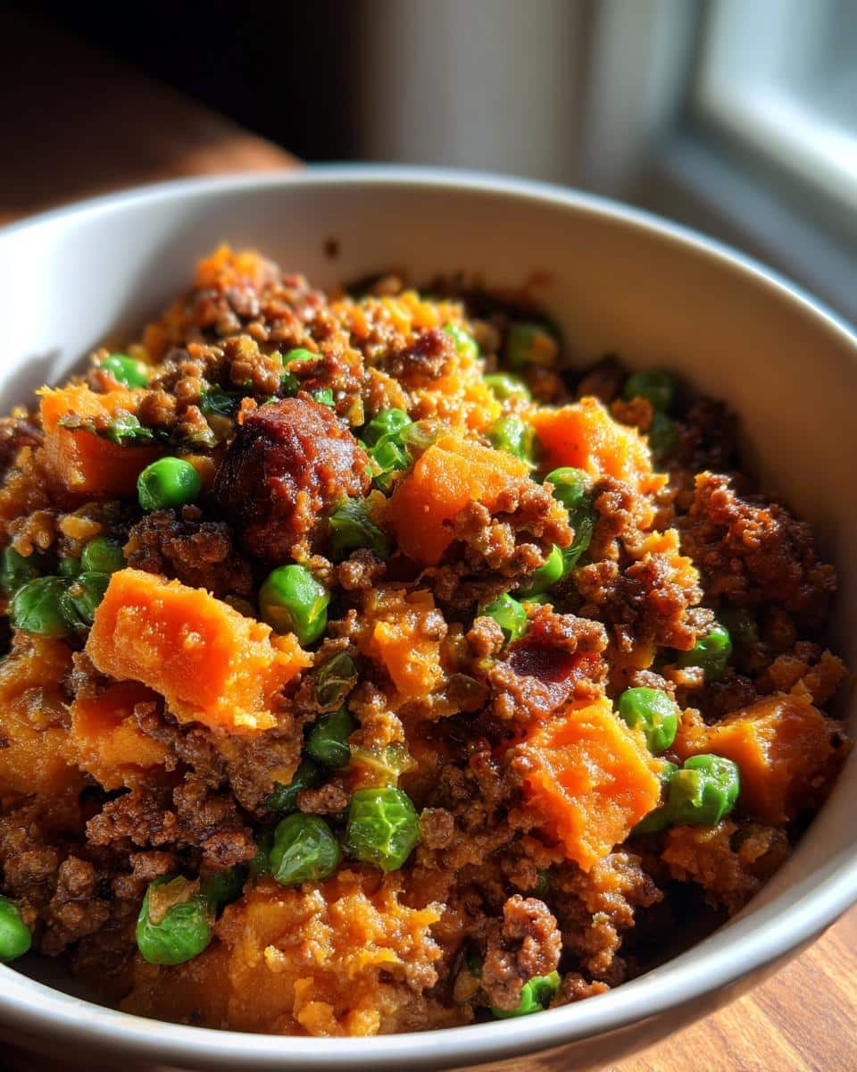 A bowl of High-Calorie Beef & Sweet Potato Dog Recipe with peas, beef and sweet potato cubes.